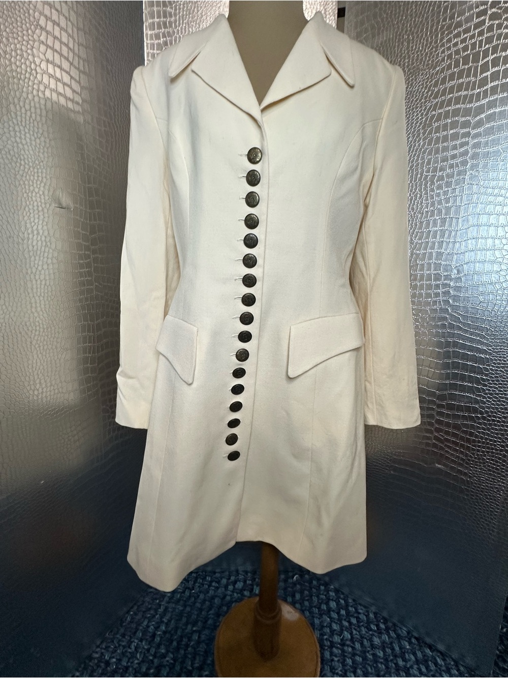 Elegant Cream Women's Long Coat or Coat Dress with Button Front